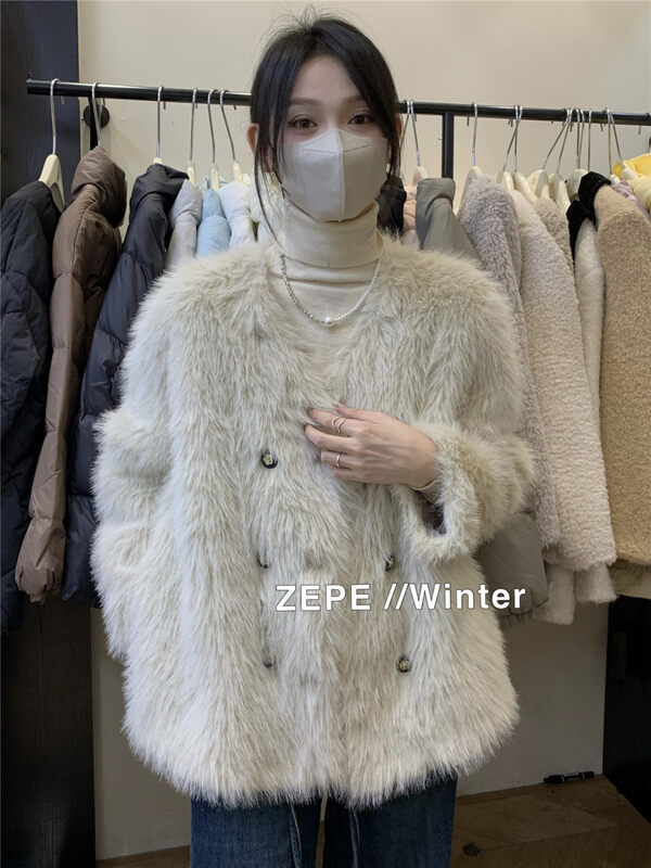 【ZE】V Neck Double Breasted Solid Color Comfortable Short Jacket 1236# L