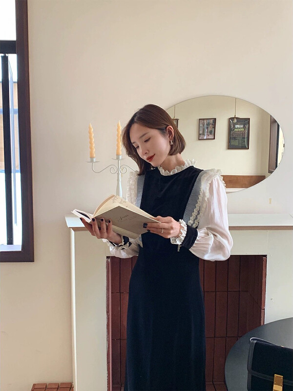 【NEW OPEN】French stitching lace velvet dress N95003# ZXX