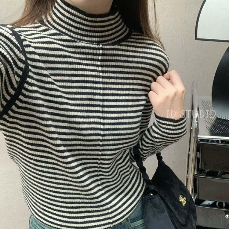 【I-D】High-neck striped loose all-match shirt 3291# L