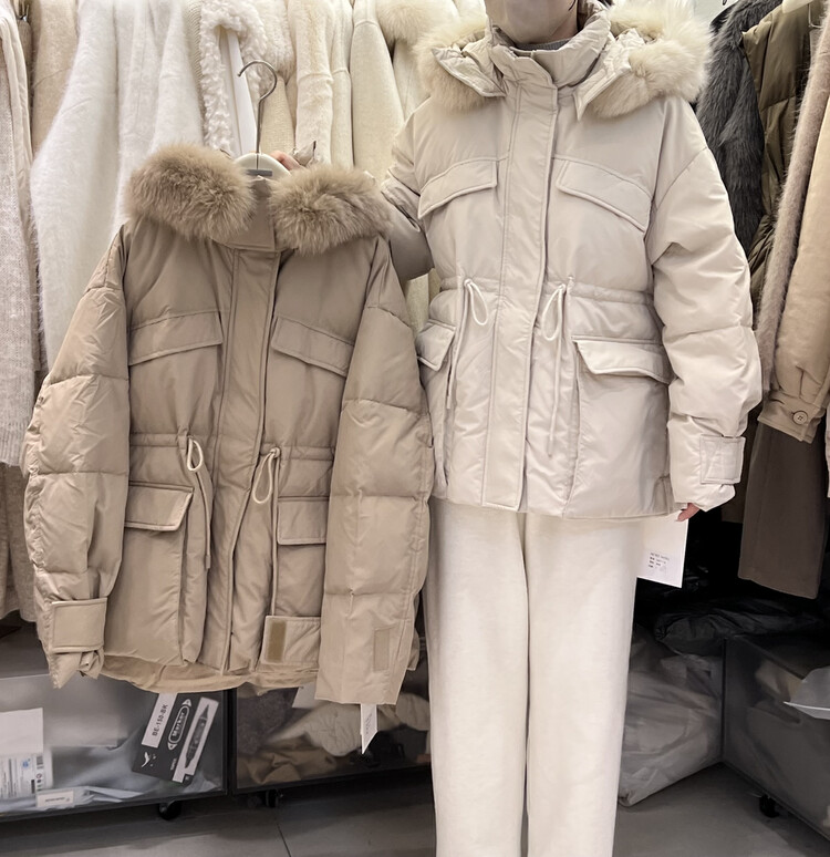 [RIN] Korean simple temperament, waist, thin, loose and warm down jacket (with fur collar, fox fur, real fur, detachable) R87118
