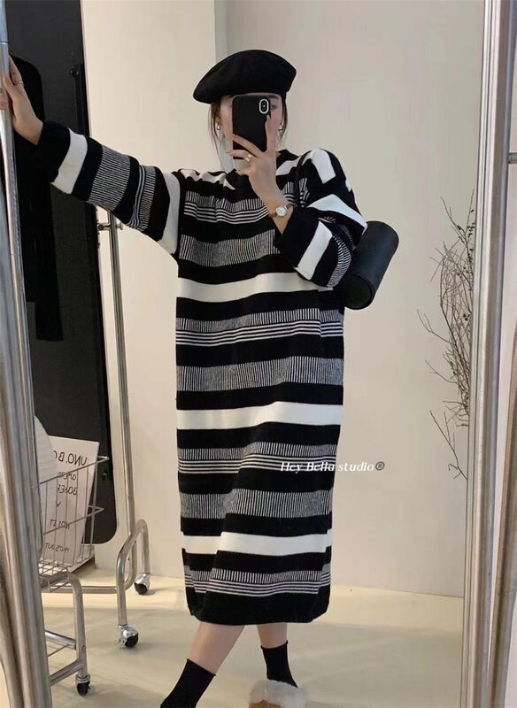 【HEY BELLA】Round Neck Loose Striped Comfortable Dress B5711# L