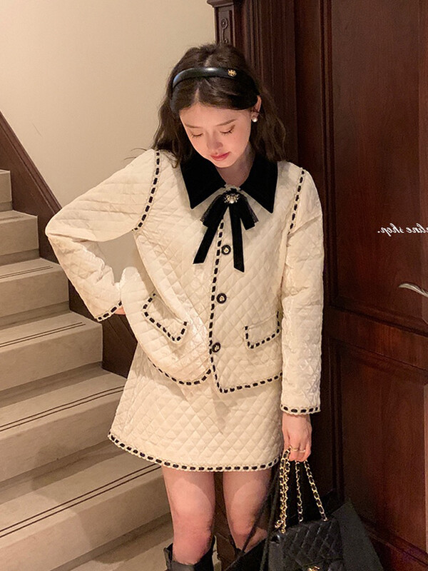 【JUN.T】Small Fragrant Padded Jacket + High Waist Slim Skirt Suit (with Bow) 7052# PCZ