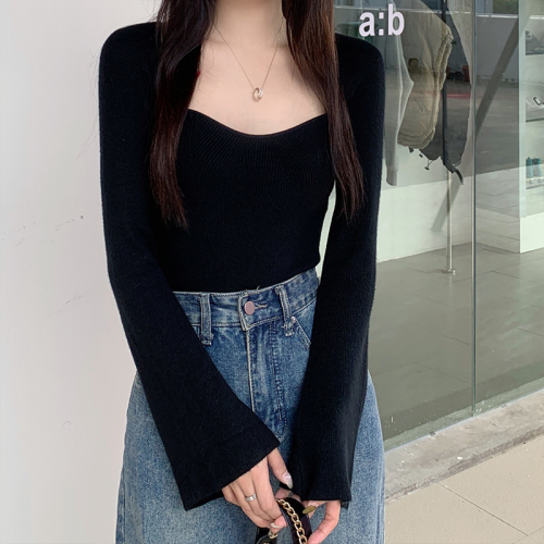 Real shot square collar bottoming sweater French Korean version elegant sexy bell sleeve solid color slim sweater