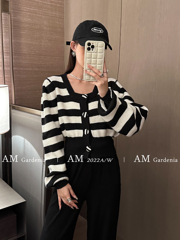 New in winter!【AM GARDENIA】Striped Button Short All-match Knit Sweater 6525# ZXX