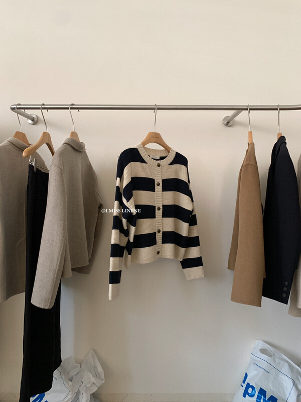 【IMISS】Vintage round neck striped sweater cardigan sweater QK915