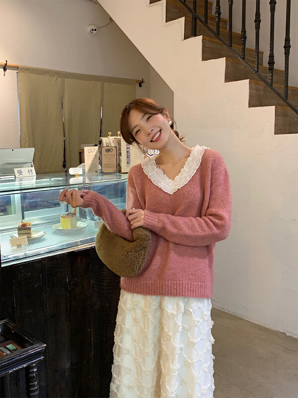 【NEW OPEN】Korean version age-reducing v-neck fungus edge pullover warm sweater GM80686# ZXX