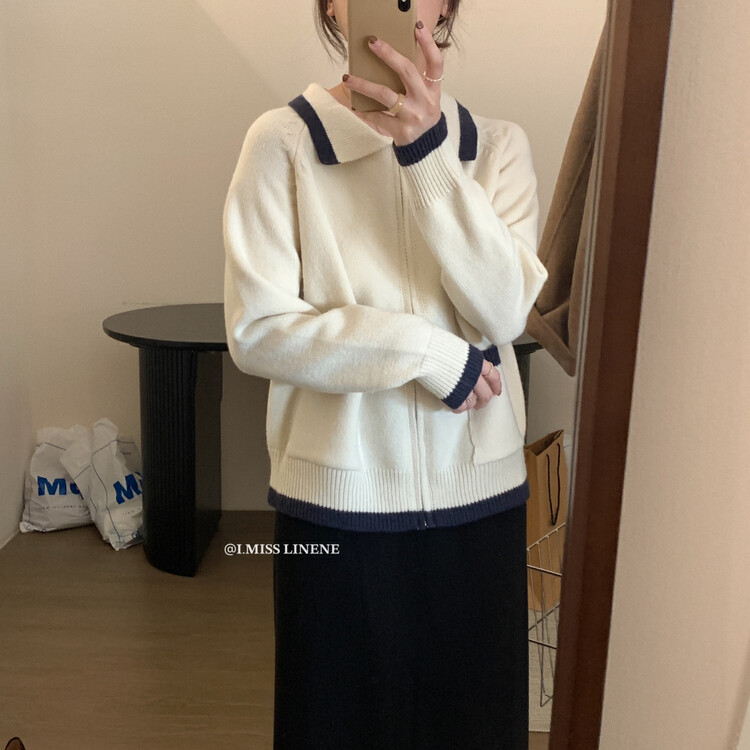 【IMISS】Korean style contrast color thickened zipper sweater cardigan sweater QK909