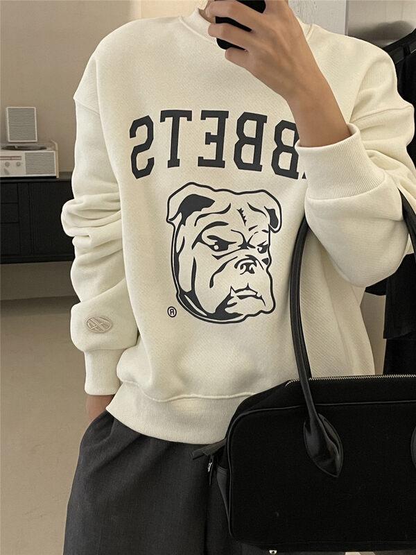 【CLEAN SPACE】Dog head print thin fleece loose sweater 33822# CQW