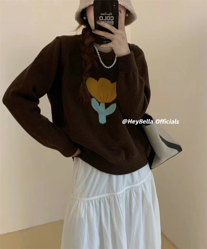 【HEY BELLA】Round Neck Colorblock Pullover Comfortable Warm Sweater B9703# L