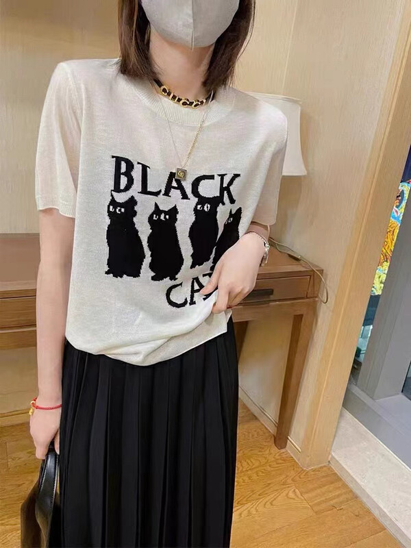 New in early autumn! [I-D] Korean version of all-match kitten knitted short-sleeved shirt YS3090# L