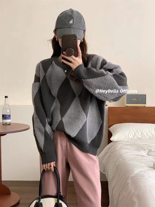 [HEY BELLA] Round neck plaid fashion Korean pullover warm sweater B9705# L
