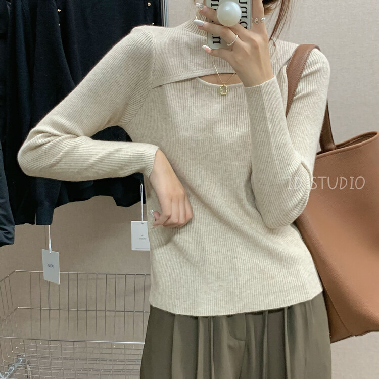 【I-D】Korean Style Temperament Front Irregular Hollow Knit Sweater 3290# L