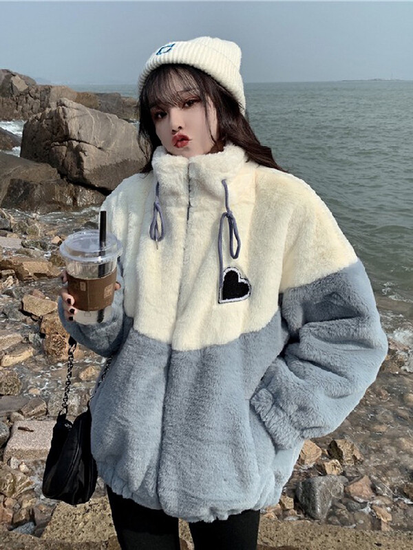 【JUN.T】Korean style contrast color imitation rabbit fur short coat 7072# PCZ