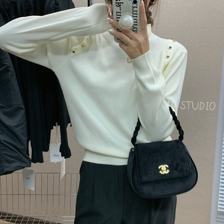 【I-D】Korean Style Versatile Shoulder Button Knit Sweater 3293# L