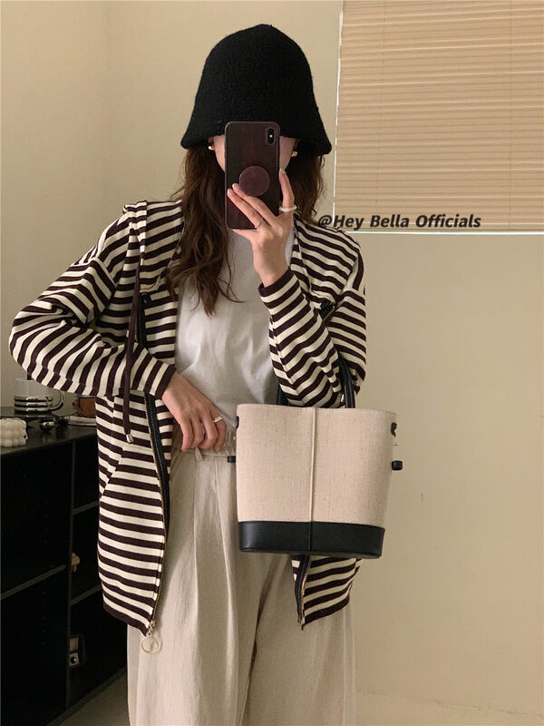 New in autumn! [HEY BELLA] Hooded zipper striped loose knitted cardigan B9328# L