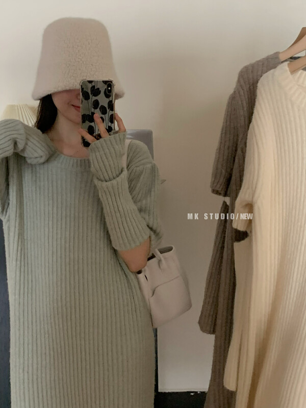 New in winter! [CHEN/MK] Korean style temperament knitted arm stitching dress (with sleeves) s082# HJY