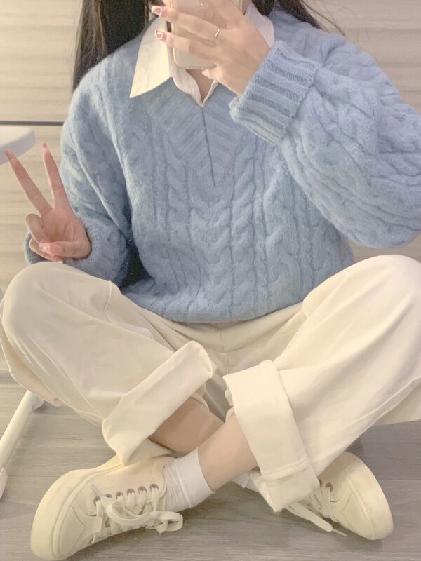 【JUN.T】 Gentle and Simple Twist Sweater + Korean Versatile Shirt + Elastic Waist Thin Wide Leg Pants Suit 7075# PCZ
