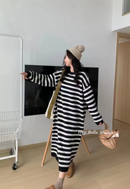 【HEY BELLA】Round Neck Loose Striped Comfortable Dress B5725# L