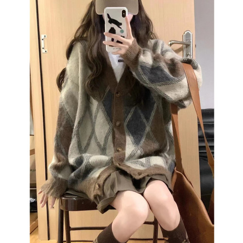 Retro Rhombus Sweater Jacket Women's  Autumn Design Sensation Niche Lazy Wind Soft Waxy Knit Cardigan Top