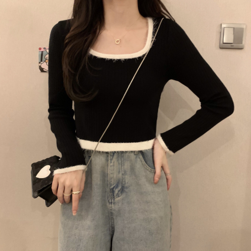 Real shooting real price Autumn and winter Korean version design sense niche stitching long-sleeved knitted square-neck bottoming shirt with top inside
