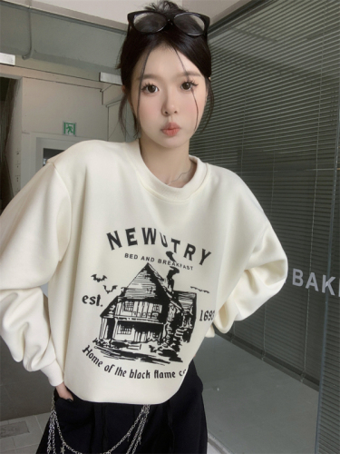 Official map imitation cotton interwoven fabric winter thickened fleece sweater women's round neck printed back wrap long-sleeved top