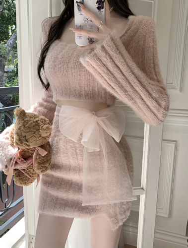 Real shooting real price Hot girl stitching ribbon knitted sweater women's autumn and winter long and short half body hip skirt two-piece suit