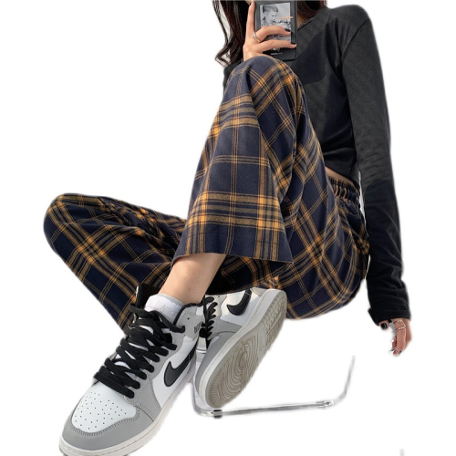 Plus velvet plaid pants women's spring and autumn all-match wide-leg straight casual plaid loose trousers winter thickening new pants
