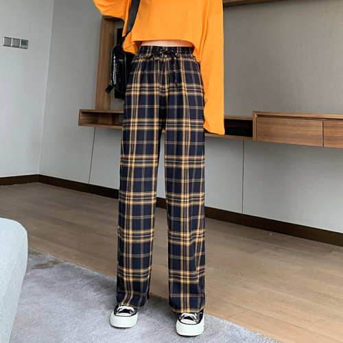 Plus velvet plaid pants women's spring and autumn all-match wide-leg straight casual plaid loose trousers winter thickening new pants