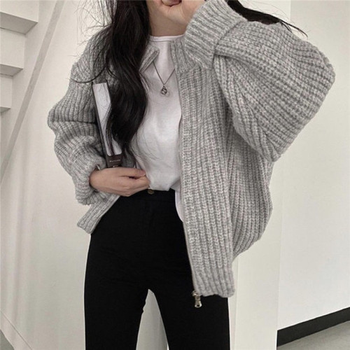 Korean chic casual all-match winter all-match sweater jacket solid color zipper thick knitted cardigan