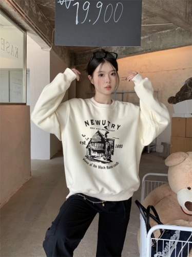 Official map imitation cotton interwoven fabric winter thickened fleece sweater women's round neck printed back wrap long-sleeved top