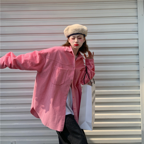 Solid color corduroy shirt autumn women's  new outer wear loose cardigan shirt long-sleeved top female ins