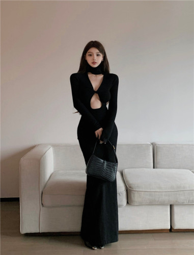 Real shot real price ins hot girl chest hollow design sense high collar waist waist thin big skirt knitted bottoming long skirt