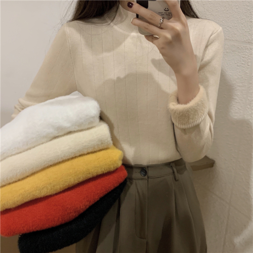 Real shooting real price Warm one mink fur thickening and velvet half turtleneck sweater bottoming long-sleeved knitted sweater women