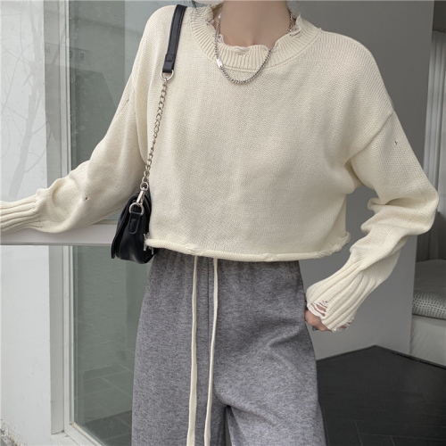 Real shooting real price Long-sleeved knitted sweater top with hole design feeling niche loose and lazy wind short sweater women
