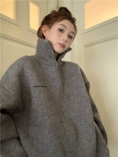 Real auction real price thickened cardigan letter xinmuzicun hooded stand-up collar lazy plus size women's sweater jacket