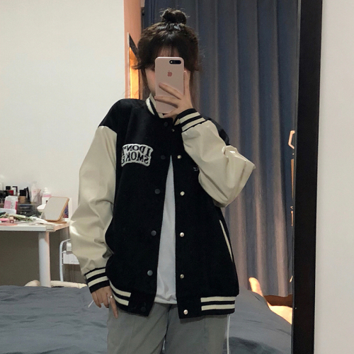 Baseball uniform jacket female  autumn and winter style American campus new trendy outer wear top Korean version loose salt clip