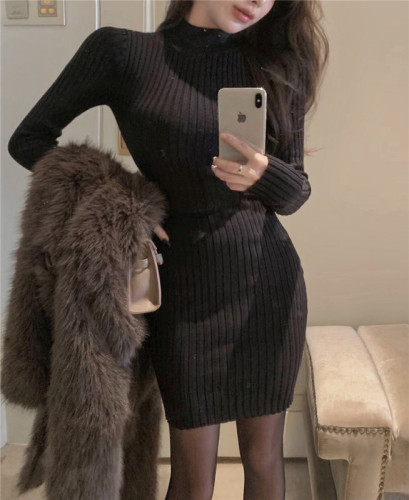 Real shooting real price ~ hot girl sexy backless slim fit and thin semi-high collar long-sleeved knitted bottoming bag hip dress