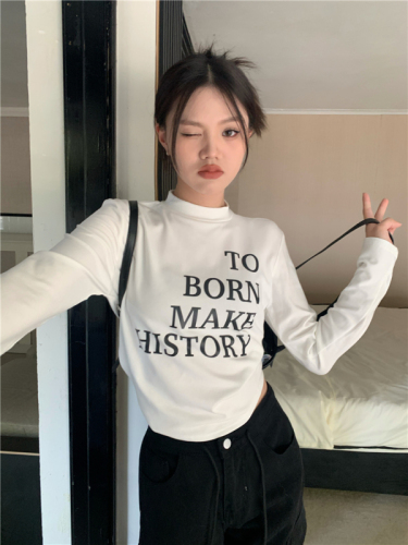 Real auction real price all-match small turtleneck letter printing plus velvet thick long-sleeved T-shirt