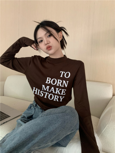 Real auction real price all-match small turtleneck letter printing plus velvet thick long-sleeved T-shirt