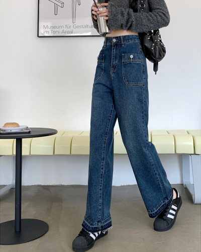 Real Price 2022 Fall New High Waist Slim Jeans Women + Pants Hem Contrast Color Raw Edge Denim Skirt