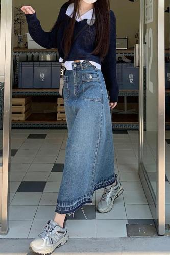 Real Price 2022 Fall New High Waist Slim Jeans Women + Pants Hem Contrast Color Raw Edge Denim Skirt
