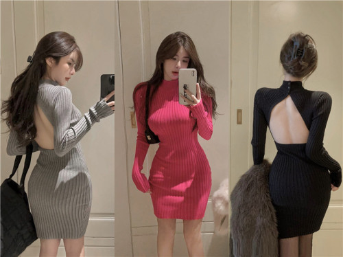 Real shooting real price ~ hot girl sexy backless slim fit and thin semi-high collar long-sleeved knitted bottoming bag hip dress