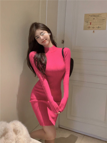 Real shooting real price ~ hot girl sexy backless slim fit and thin semi-high collar long-sleeved knitted bottoming bag hip dress