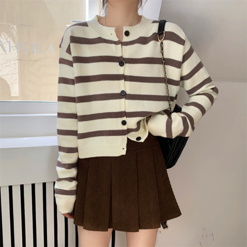 2022 autumn and winter new Korean version design striped knitted sweater cardigan jacket women