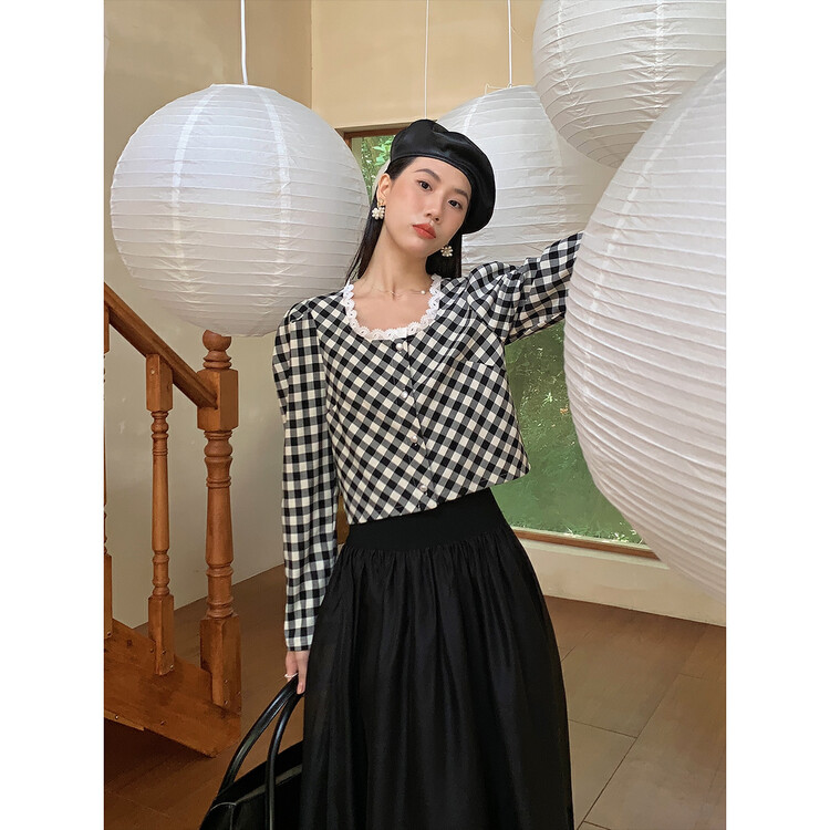 Original price 84.60! New in early autumn! [NEW OPEN] temperament and versatile plaid lace shirt FY80010# ZXX