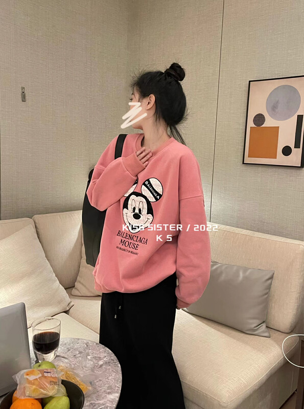 【KISS SISTER】Korean version loose-fitting Mickey embroidered lace fleece sweater 22A9869# CQW