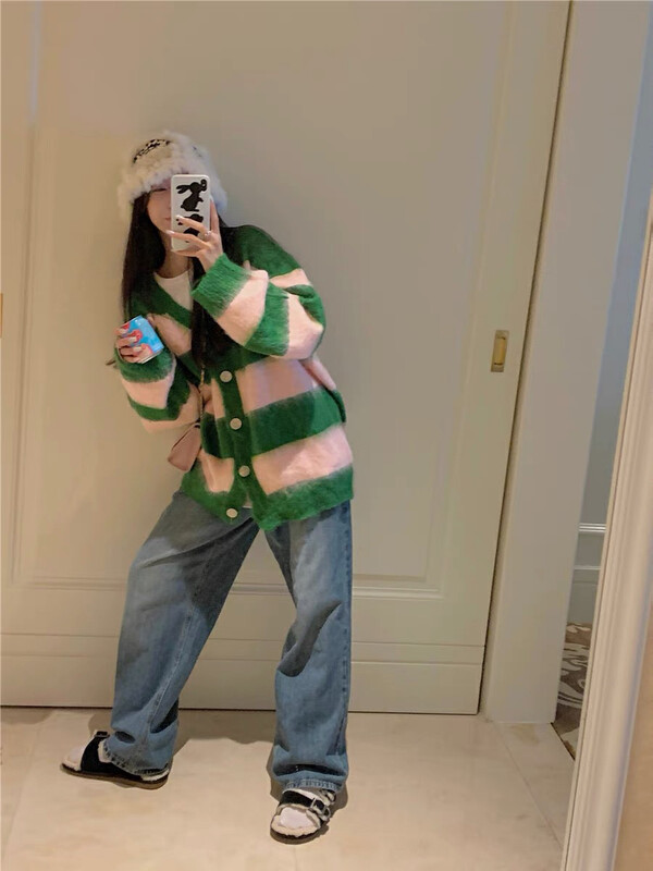【Blue Show】Lazy Mohair Green Vermicelli Knit Cardigan 7610# LSW