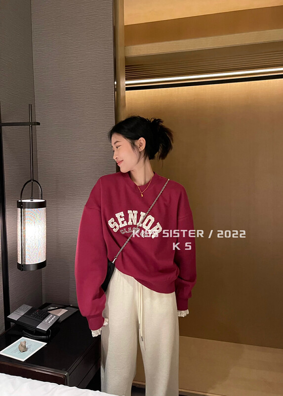 【KISS SISTER】Korean Letter Embroidered Lace Design Versatile Sweater 22A9883# CQW