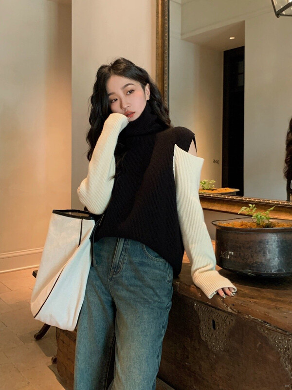 【SAVAGE】French retro high-neck color contrast stitching off-the-shoulder design soft waxy and comfortable loose knitted sweater S1501# WPL