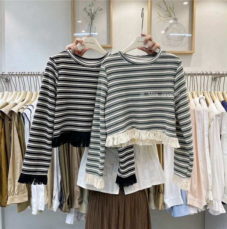 New in autumn! [MAX ORIGINAL] round neck striped fringed long-sleeved T-shirt 98805# HBX